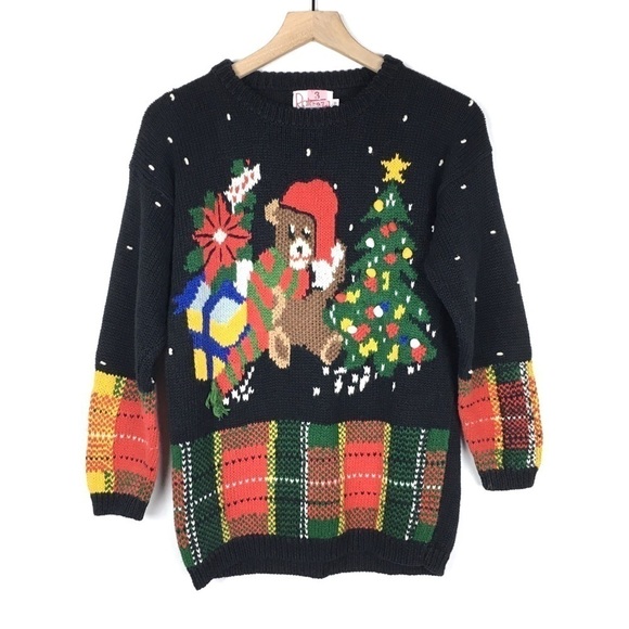 VINTAGE Christmas Sweater Santa Bear Plaid Hand Knit Tree Presents Holiday Retro